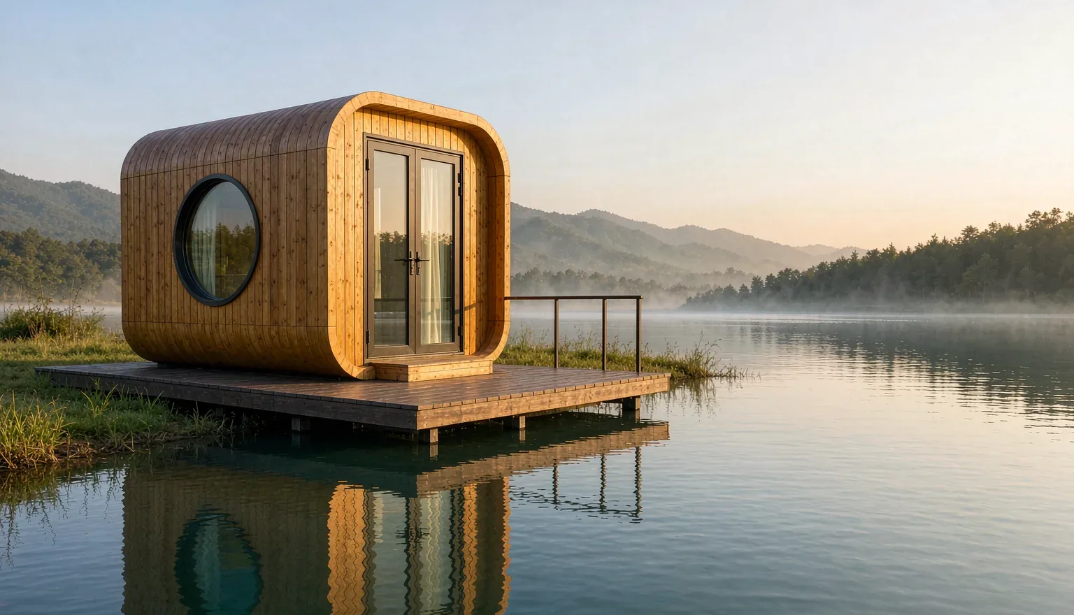 Apple Cabin prefab pod with circular window on a lakeside platform