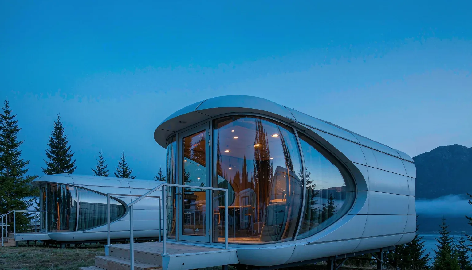 Prefabricated space capsule cabins glowing at dusk on a mountain resort campsite