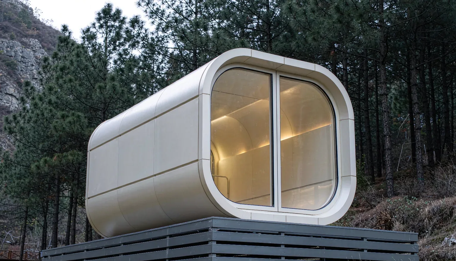 Space Capsule prefab pod exterior with curved panoramic glass