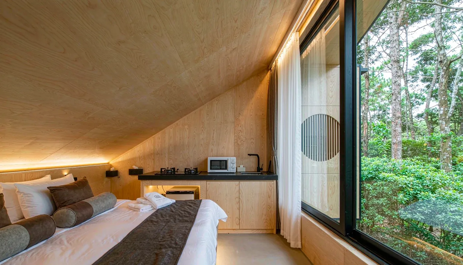 Interior of a fully furnished prefab capsule cabin